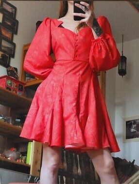 RHODE Red Long Sleeve Torri Mini Dress with Subtle Gold Paisley - Size XL